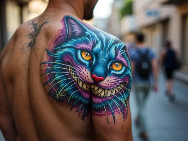 Vibrant Cheshire Cat Back Tattoo